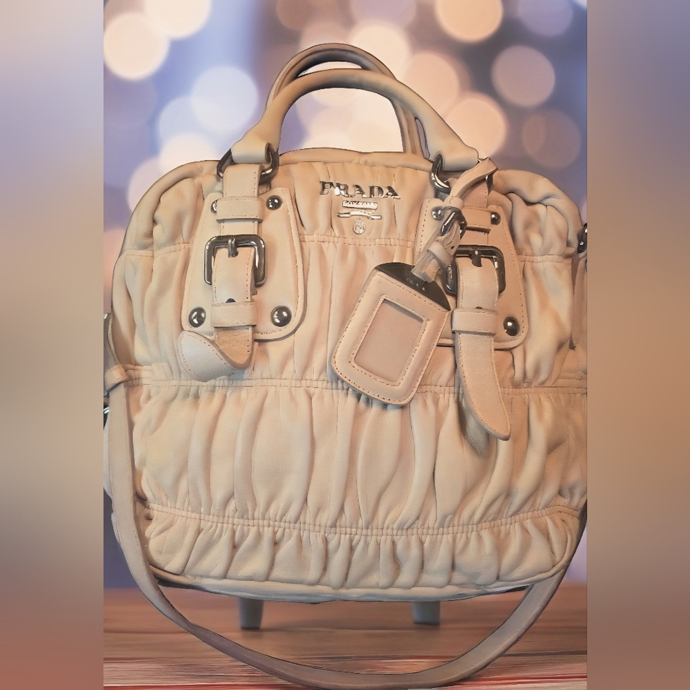 Prada Beige Nappa Leather, Shoulder Bag. W Crossbody Strap, Lock & Key, Nametag.